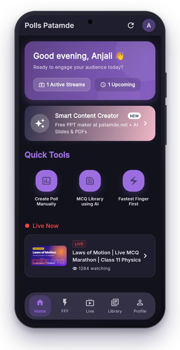 Polls Patamde Home screen with a live class, Smart Content Creator and Quick Tools