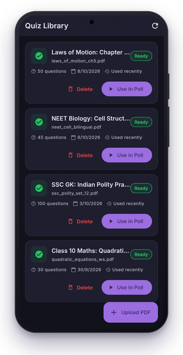 Quiz Library with quiz sets created from PDFs