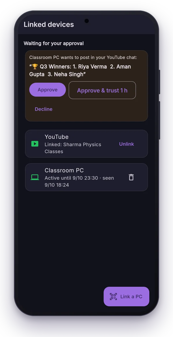 Linked devices with a pending approval, YouTube linked and a paired Classroom PC