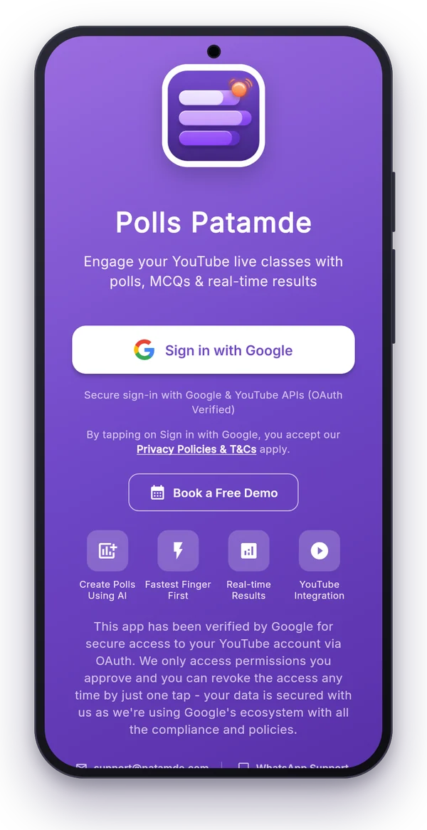 Polls Patamde sign-in screen with the Sign in with Google button